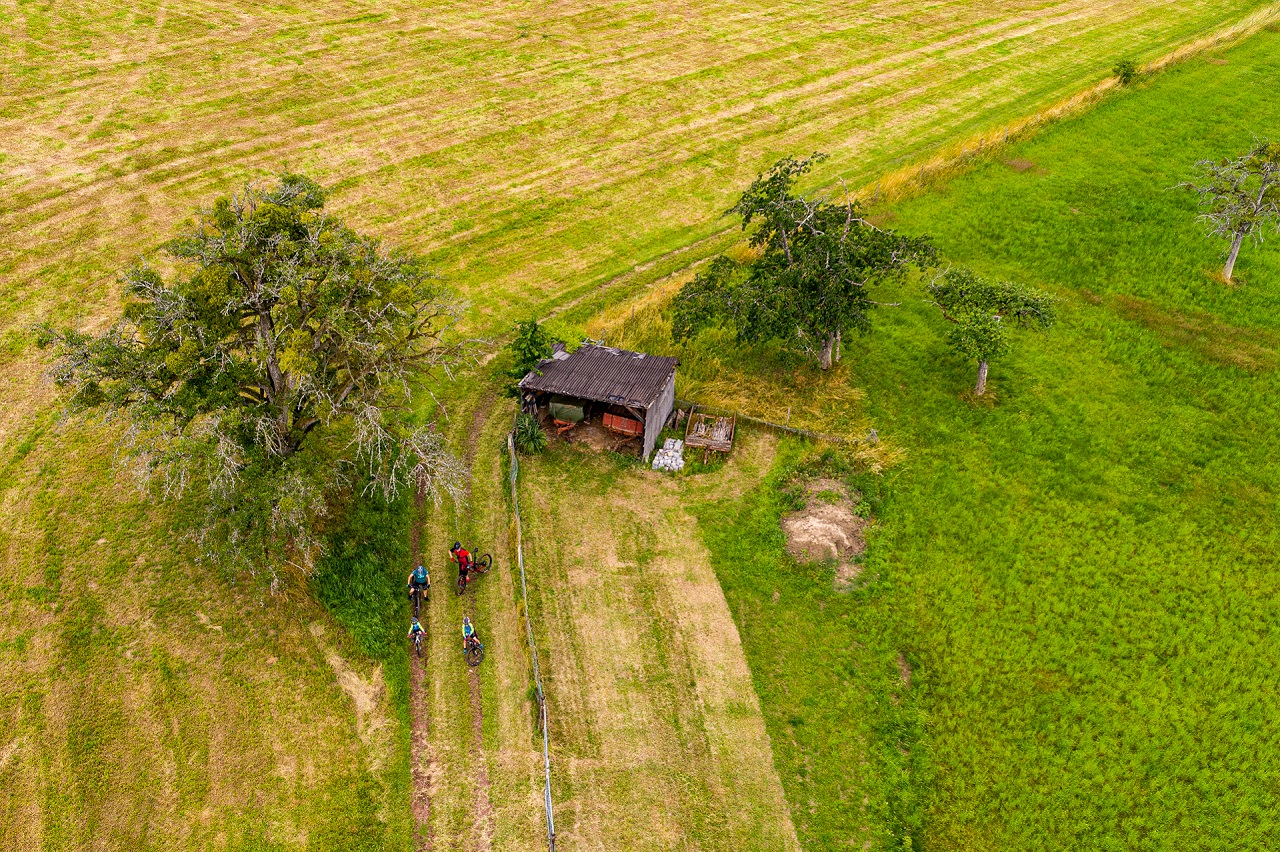 Sur un chemin de terre, deux adultes vététistes et deux enfants sont debout sur leurs vélos. On peut voir deux arbres et une vieille cabane à côté du chemin de terre. L'image est une vue aérienne.
