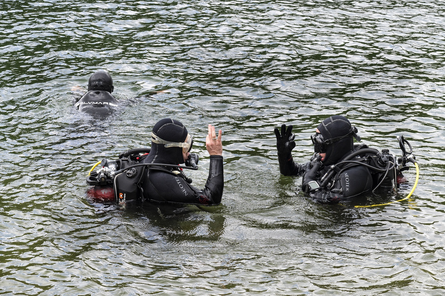 Deux plongeurs en tenue de plongée complète sont dans l'eau et se font le signe "OK".