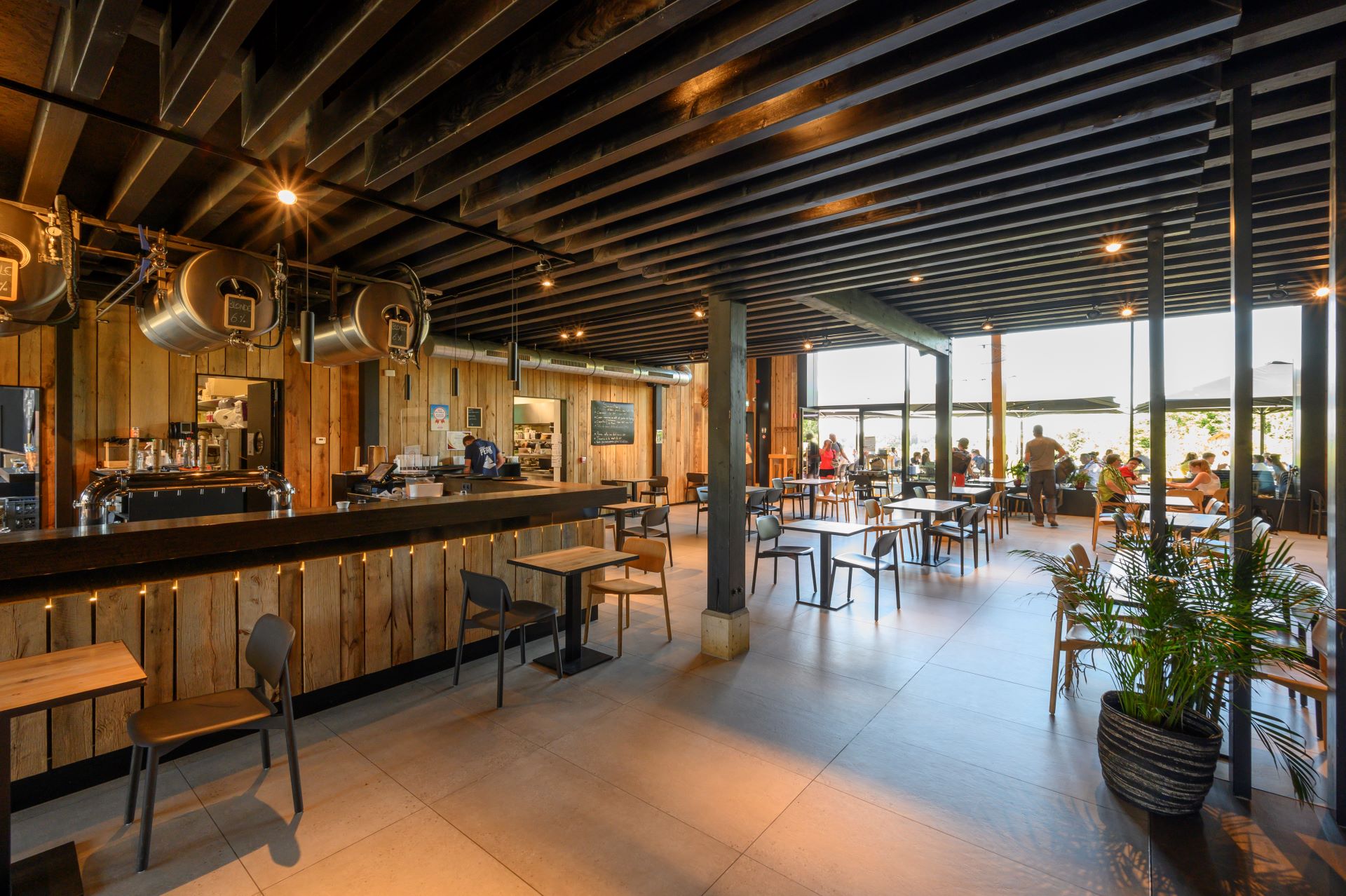 À l'intérieur d'un restaurant confortable mais moderne, les murs, les tables et les chaises sont en bois. À l'arrière du restaurant, des fenêtres allant du sol au plafond offrent une belle lumière naturelle.