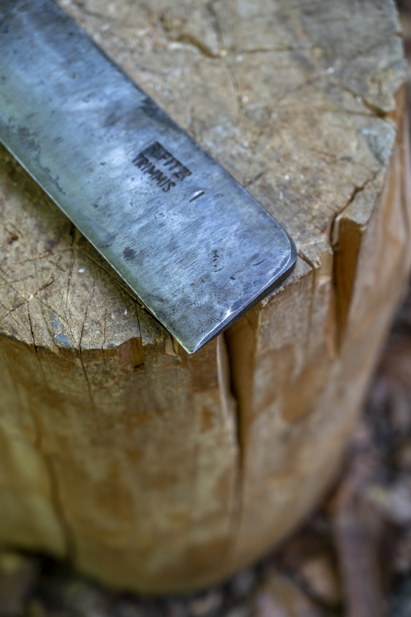 Un outil ressemblant à une règle posé sur un tronc en bois.
