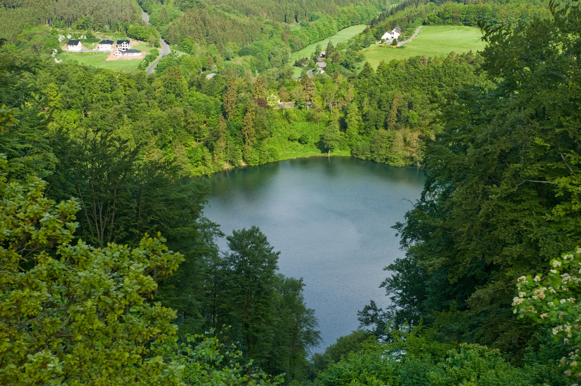 Le Maar de Gemünden au milieu d'un paysage vert et fleuri de l'Eifel.