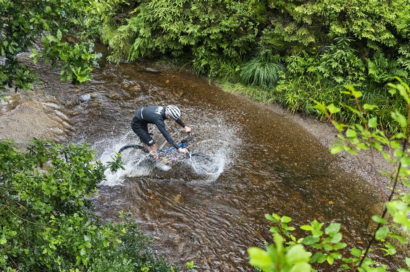 Ein Mountainbiker fährt durch einen Fluss. Ansicht von oben. Drumherum ist Wald.