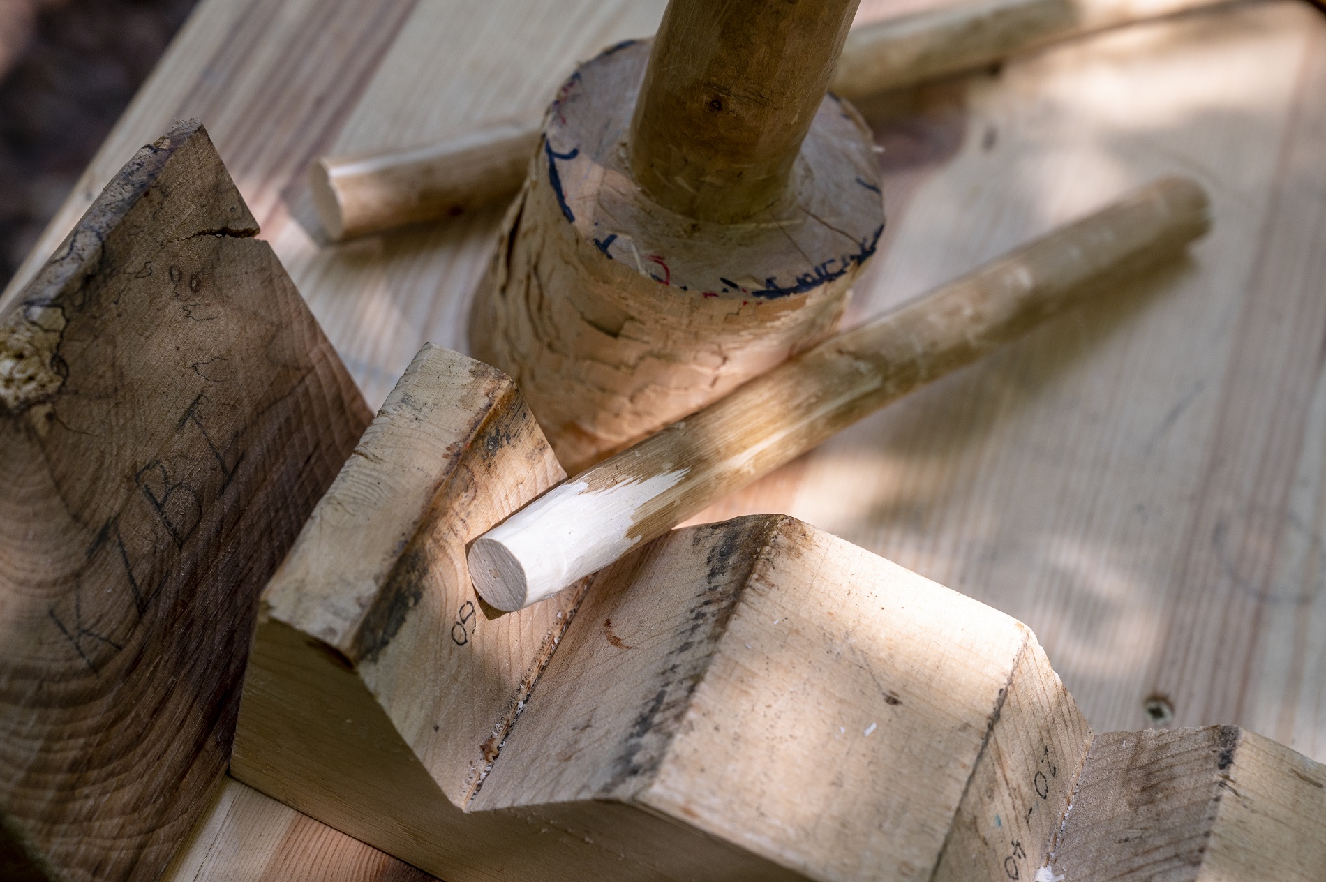 Aufnahme in Vogelperspektive von Holzwerkzeug. Zu sehen ist u.a. ein Holzhammer.